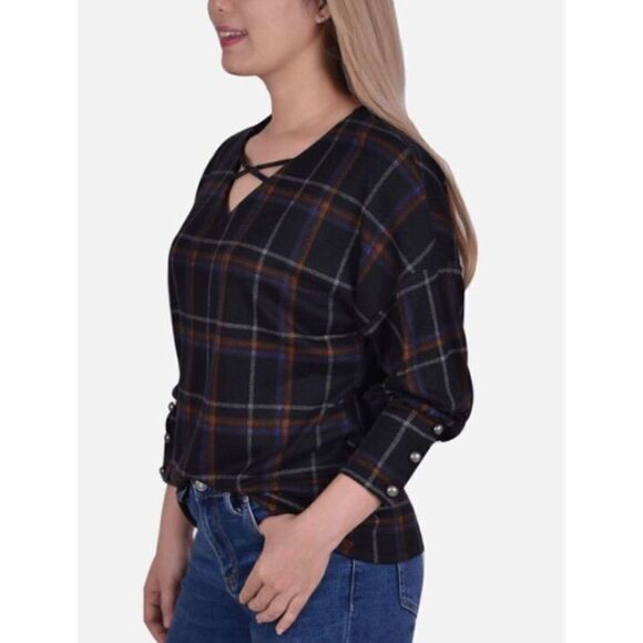 NY COLLECTION - NWT - L Sz 1X Long-Sleeve, Plaid, Cris-Cross Top w/Button Cuffs - Picture 1 of 15